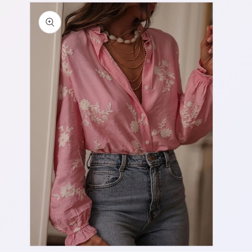 NWOT SHEIN Embroidered Floral Buttondown Blouse